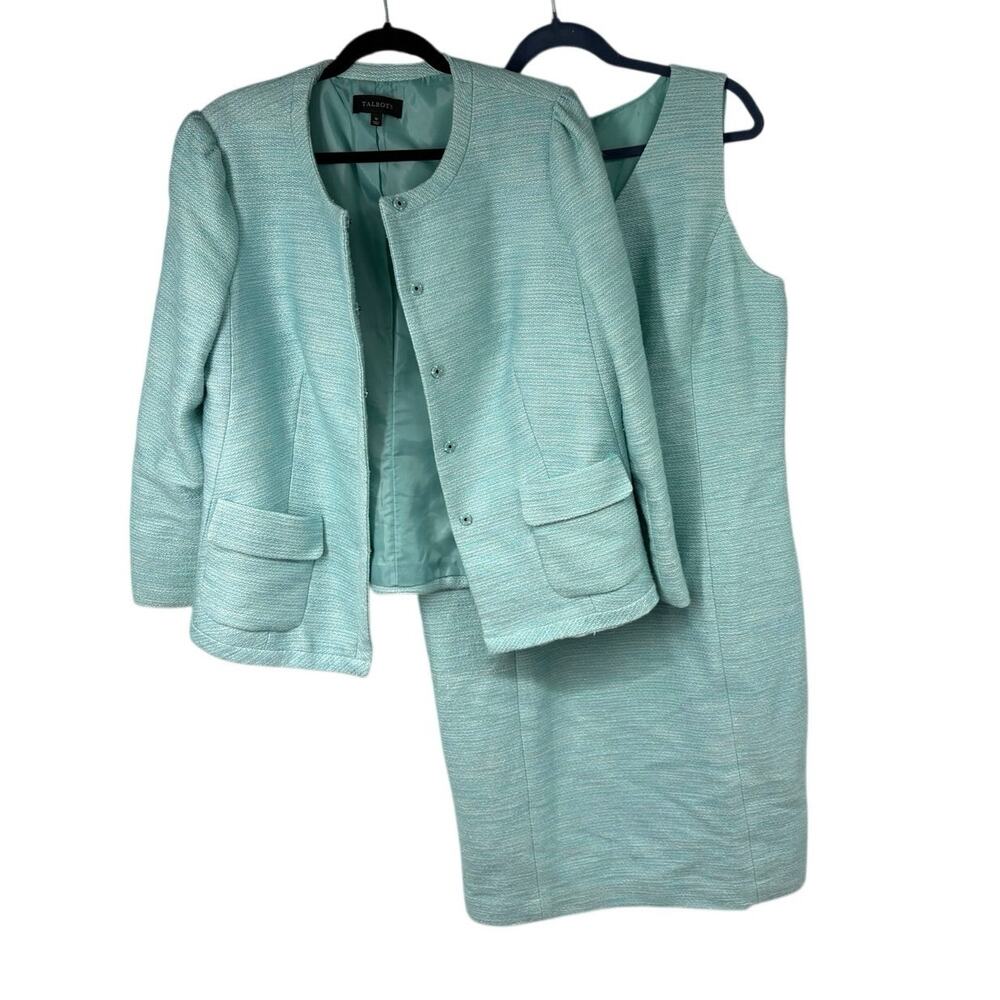 Talbots Turquoise Tweed Shift Dress Jacker 2 pc Set Womens 16 Plus Snap Closure